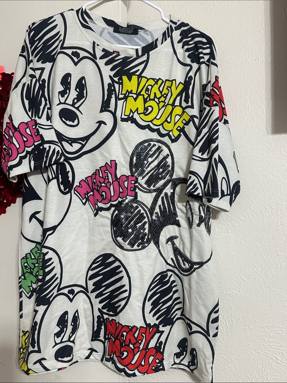 MXM White Mickey Mouse Graphic Tee with Yellow, Pink, Red & Green Accents